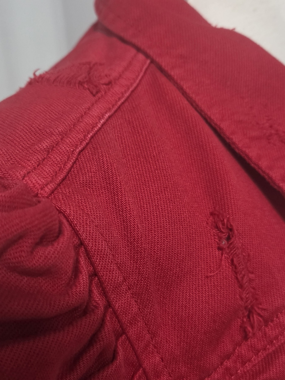 BLANKNYC Denim Jacket M Red Cropped Distressed Puff Sleeve Edgy Grunge Rocker - Picture 13 of 15